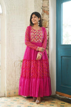 Load image into Gallery viewer, Pink long bandhini-lehriya georgette gown

