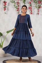Load image into Gallery viewer, Rayon Indigo long A line dress/kurthi

